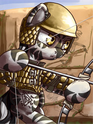 Size: 3998x5358 | Tagged: safe, artist:uteuk, imported from derpibooru, zebra, equestria at war mod, aiming, armor, arrow, bow (weapon), bow and arrow, helmet, male, scythian, solo, weapon