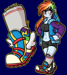 Size: 1447x1599 | Tagged: safe, artist:sexygoatgod, imported from derpibooru, rainbow dash, human, equestria girls, breasts, busty rainbow dash, clothes, compression shorts, female, humanized, jacket, kneesocks, open clothes, open jacket, shoes, sneakers, socks, solo, sports bra, varsity jacket, workout outfit