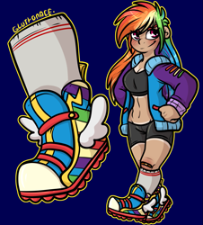 Size: 1447x1599 | Tagged: safe, alternate version, artist:sexygoatgod, imported from derpibooru, rainbow dash, human, breasts, busty rainbow dash, clothes, compression shorts, female, human coloration, humanized, jacket, kneesocks, open clothes, open jacket, shoes, sneakers, socks, solo, sports bra, tan lines, varsity jacket, workout outfit