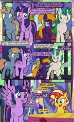 Size: 1920x3168 | Tagged: safe, artist:alexdti, imported from derpibooru, sunset shimmer, twilight sparkle, oc, oc:brainstorm (alexdti), oc:purple creativity, oc:star logic, alicorn, pegasus, pony, unicorn, comic:quest for friendship, equestria girls, comic, female, glowing, glowing horn, horn, magic, male, straight, telekinesis, twilight sparkle (alicorn), wings