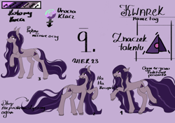 Size: 5906x4169 | Tagged: safe, artist:hrabiadeblacksky, imported from derpibooru, oc, oc only, oc:kwarek, bat pony, earth pony, pony, commission, female, mare, purple background, purple hair, reference sheet, simple background, solo