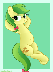 Size: 2974x4032 | Tagged: safe, artist:rainbowšpekgs, imported from derpibooru, apple fritter, earth pony, pony, apple family member, bedroom eyes, belly, belly button, bow, chubby, cute, female, high res, hooves, hooves behind head, looking at you, mare, pubic mound, sexy, signature, simple background, smiling, solo, stretching