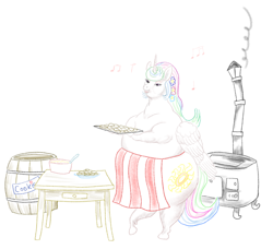 Size: 1200x1094 | Tagged: safe, artist:soobel, imported from derpibooru, princess celestia, alicorn, pony, apron, baking, baking sheet, barrel, bipedal, cake, cakelestia, chubbylestia, clothes, fat, female, flower, flower in hair, food, mare, music notes, obese, simple background, solo, stove, table, traditional art, white background