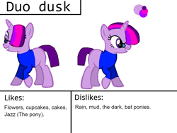 Size: 960x720 | Tagged: safe, editor:wonderwolf51, imported from derpibooru, oc, oc only, oc:duo dusk, unicorn, 1000 hours in ms paint, clothes, female, glasses, not twilight sparkle, reference sheet, shirt, simple background, solo, sweater, white background