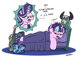 Size: 1024x751 | Tagged: safe, artist:bobthedalek, imported from derpibooru, starlight glimmer, pony, unicorn, atg 2022, bed, belt, boots, chocolate, dialogue, drink, edgelight glimmer, empathy cocoa, female, food, guitar, hot chocolate, it's a phase, mare, mug, musical instrument, newbie artist training grounds, pillow, s5 starlight, self paradox, self ponidox, shoes, simple background, skull, starlight's room, teenage glimmer, time travel, white background, younger