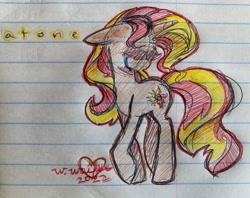 Size: 3542x2810 | Tagged: safe, artist:wonderwaifu, imported from derpibooru, sunset shimmer, pony, unicorn, ballpoint pen, crying, female, heart, high res, lined paper, mare, no eyes, photo, sad, signature, solo, sunsad shimmer, traditional art