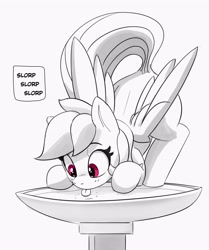 Size: 2939x3520 | Tagged: safe, artist:pabbley, imported from derpibooru, rainbow dash, pegasus, pony, :p, behaving like a bird, behaving like a cat, birb, bird bath, cute, dashabetes, drinking, eyebrows, face down ass up, female, folded wings, grayscale, high res, lapping, mare, monochrome, onomatopoeia, partial color, raised tail, silly, silly pony, simple background, solo, tail, tongue out, white background, wings