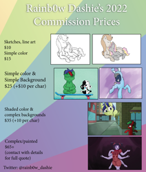 Size: 10417x12267 | Tagged: safe, artist:rainb0wdashie, imported from derpibooru, oc, oc:honer mark, oc:the fluff, earth pony, pony, unicorn, 101 dalmatians, advertisement, commission, deepak dalmation, muffet, undertale