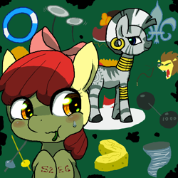 Size: 600x600 | Tagged: safe, artist:yajima, imported from derpibooru, apple bloom, zecora, earth pony, pony, zebra, the cutie pox, aside glance, blushing, eating, female, filly, foal, looking at you, mare, sideways glance, sweat