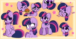 Size: 4096x2104 | Tagged: safe, artist:kittyrosie, imported from derpibooru, twilight sparkle, alicorn, pony, unicorn, ^^, blushing, burger, cute, diabetes, eyes closed, female, food, hay burger, heart, kittyrosie is trying to murder us, mare, messy mane, multeity, open mouth, open smile, pigtails, sad, shrunken pupils, smiling, sparkle sparkle sparkle, starry eyes, that pony sure does love burgers, twiabetes, twilight burgkle, twilight snapple, twilight sparkle (alicorn), unicorn twilight, upside down, wingding eyes