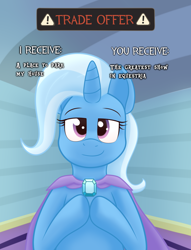 Size: 1214x1588 | Tagged: safe, artist:xppp1n, imported from ponybooru, pony, unicorn, cape, clothes, female, looking at you, mare, meme, ponified, ponified meme, solo, text, trade offer, trixie's cape, trixie's wagon