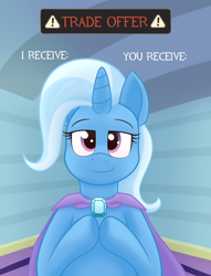 Size: 1214x1588 | Tagged: safe, artist:xppp1n, imported from ponybooru, pony, unicorn, cape, clothes, female, looking at you, mare, meme, ponified, ponified meme, solo, template, text, trade offer, trixie's cape, trixie's wagon