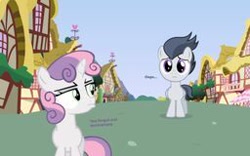 Size: 256x160 | Tagged: safe, artist:lunaticdawn, imported from derpibooru, rumble, sweetie belle, pegasus, pony, unicorn, caption, colt, female, filly, foal, looking back, male, picture for breezies, ponyville, pouting, pouty lips, rumbelle, sad, shipping, straight, text