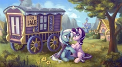 Size: 1280x705 | Tagged: safe, artist:jewellier, imported from derpibooru, starlight glimmer, trixie, pony, unicorn, duo, female, horn, ponyville, sign, tree, trixie's wagon, twilight's castle, wagon