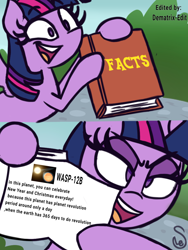 Size: 1674x2232 | Tagged: safe, artist:quarium edits, edit, editor:dematrix-edit, imported from derpibooru, twilight sparkle, alicorn, pony, astronomy, ed edd n eddy, exploitable meme, fact, female, mare, meme, ponified meme, science, text, true facts, twilight sparkle (alicorn), wasp-12b