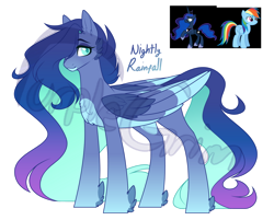 Size: 1024x822 | Tagged: safe, artist:purplegrim40, imported from derpibooru, princess luna, rainbow dash, oc, alicorn, pegasus, pony, female, magical lesbian spawn, mare, offspring, parent:princess luna, parent:rainbow dash, parents:lunadash, pegasus oc, simple background, transparent background, wings