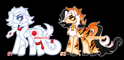 Size: 1280x623 | Tagged: safe, artist:mirrastat, imported from derpibooru, oc, oc only, earth pony, pony, black background, chest fluff, duo, earth pony oc, male, simple background, smiling, stallion