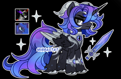 Size: 1280x834 | Tagged: safe, artist:mirrastat, imported from derpibooru, king sombra, princess luna, oc, alicorn, pony, alicorn oc, black background, horn, male, offspring, parent:king sombra, parent:princess luna, parents:lumbra, peytral, simple background, smiling, sombra eyes, stallion, sword, unshorn fetlocks, weapon, wings