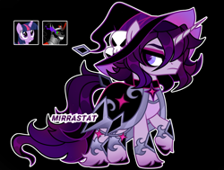 Size: 1280x966 | Tagged: safe, artist:mirrastat, imported from derpibooru, king sombra, twilight sparkle, oc, pony, unicorn, black background, choker, frown, grin, hat, male, offspring, parent:king sombra, parent:twilight sparkle, parents:twibra, simple background, smiling, sombra eyes, stallion, witch hat