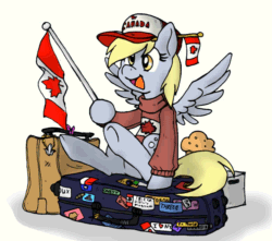 Size: 1000x885 | Tagged: safe, artist:blayaden, artist:equum_amici, imported from derpibooru, derpy hooves, pegasus, pony, 2016, :d, animated, baseball cap, canada, cap, cinemagraph, clothes, earthbound, female, flag, food, hat, hoof hold, mare, muffin, old art, onett, open mouth, open smile, simple background, sitting, smiling, solo, spread wings, suitcase, sweater, tail, threed, white background, wings