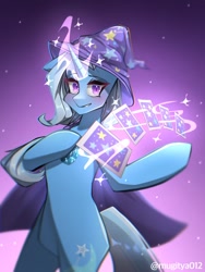 Size: 768x1024 | Tagged: safe, artist:mugitya012, imported from derpibooru, trixie, pony, unicorn, bipedal, brooch, cape, card, clothes, female, glow, glowing horn, gradient background, hat, horn, jewelry, looking at you, magic, magic aura, mare, purple background, simple background, solo, telekinesis, trixie's brooch, trixie's cape, trixie's hat