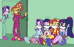 Size: 2731x1737 | Tagged: safe, artist:bugssonicx, imported from derpibooru, part of a set, sci-twi, starlight glimmer, sunset shimmer, twilight sparkle, human, equestria girls, beanie, bondage, bound and gagged, cloth gag, clothes, doppelganger, duality, footed sleeper, footie pajamas, gag, hat, help us, human starlight, human sunset, kidnapped, nightgown, onesie, over the nose gag, pajamas, part of a series, sleepover, slippers, slumber party, socks, starlight glimmer is not amused, tied up, twolight, unamused