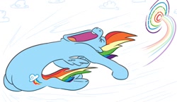 Size: 1040x605 | Tagged: safe, artist:jargon scott, imported from derpibooru, rainbow dash, pegasus, pony, eyes closed, female, flying, mare, open mouth, pelvic thrust, screaming, solo, sonic rainboom