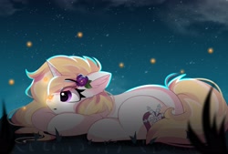 Size: 2767x1869 | Tagged: safe, artist:janelearts, imported from derpibooru, oc, oc only, oc:winthria siriusa, firefly (insect), insect, pony, unicorn, blonde, blonde mane, cloud, commission, dark, dusk, flower, flower in hair, grass, lying down, night, prone, purple eyes, snow, snowflake, solo, stars, tree, white coat, ych result, your character here