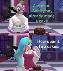 Size: 1920x2160 | Tagged: safe, artist:papadragon69, imported from derpibooru, princess celestia, spike, alicorn, anthro, dragon, 3d, birthday cake, black forest cake, cake, cakelestia, dialogue, duo, female, food, male, mare, meme, ponified meme, portal (valve), source filmmaker, table, that pony sure does love cakes, the cake is a lie