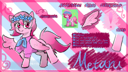 Size: 1280x720 | Tagged: safe, artist:metaruscarlet, imported from derpibooru, oc, oc only, oc:metaru scarlet, pegasus, pony, pony town, clothes, eye clipping through hair, female, looking at you, one wing out, pegasus oc, reference sheet, signature, smiling, smiling at you, solo, wings