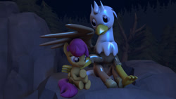Size: 1024x576 | Tagged: safe, artist:gameact3, imported from derpibooru, scootaloo, oc, oc:silver quill, hippogriff, pegasus, pony, 3d, cute, cutealoo, female, filly, foal, night, ocbetes, scootalove, source filmmaker