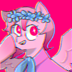 Size: 1280x1280 | Tagged: safe, artist:metaruscarlet, imported from derpibooru, oc, oc only, oc:metaru scarlet, pegasus, pony, chromatic aberration, clothes, eyestrain warning, floral head wreath, flower, open mouth, simple background, smiling, solo