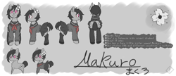 Size: 2500x1080 | Tagged: safe, artist:metaruscarlet, imported from derpibooru, oc, oc only, oc:makuro, earth pony, pony, black hair, clothes, flower, reference sheet, school uniform