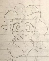 Size: 1021x1266 | Tagged: safe, artist:metaruscarlet, imported from derpibooru, pinkie pie, earth pony, pony, blushing, lined paper, sketch, solo, traditional art