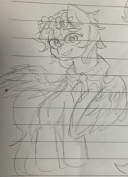 Size: 1080x1504 | Tagged: safe, artist:metaruscarlet, imported from derpibooru, oc, oc only, oc:metaru scarlet, pegasus, pony, lined paper, open mouth, palindrome get, sketch, smiling, solo, traditional art