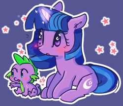 Size: 513x441 | Tagged: safe, artist:cutiesparke, imported from derpibooru, spike, twilight twinkle, dragon, pony, alternate cutie mark, baby, baby dragon, baby spike, blushing, crescent moon, cute, dark background, duo, female, filly, filly twilight sparkle, foal, glowing, glowing horn, horn, looking sideways, male, moon, outline, simple background, spikabetes, stars, twiabetes, wingding eyes, younger