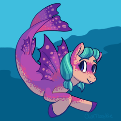 Size: 2000x2000 | Tagged: safe, artist:owltoastie, imported from derpibooru, oc, oc only, merpony, seapony (g4), artfight, digital art, dorsal fin, fin wings, fins, fish tail, ocean, smiling, solo, swimming, tail, underwater, water, wings