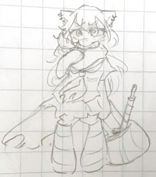 Size: 1434x1627 | Tagged: safe, artist:metaruscarlet, imported from derpibooru, oc, oc only, oc:anime-chan, pony, bag, clothes, ear piercing, earring, graph paper, jewelry, knife, piercing, school uniform, sketch, solo, standing, traditional art