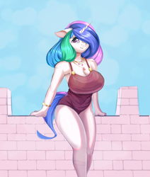 Size: 1080x1274 | Tagged: safe, artist:wyvernthedragon, imported from derpibooru, princess celestia, anthro, balcony, big breasts, breasts, busty princess celestia, cleavage, cute, cutelestia, female, floppy ears, hair over one eye, solo, wingless, wingless anthro