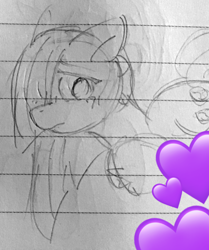 Size: 896x1074 | Tagged: safe, artist:metaruscarlet, imported from derpibooru, marble pie, earth pony, pony, blushing, emoji, female, heart, lined paper, sketch, solo, traditional art