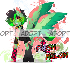 Size: 1654x1474 | Tagged: safe, artist:aakariu, imported from derpibooru, oc, pegasus, pony, adoptable, auction, character design, food, paypal, simple background, watermark, watermelon, white background