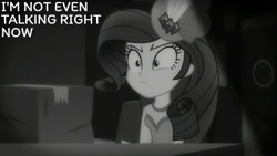 Size: 1280x720 | Tagged: safe, edit, edited screencap, editor:quoterific, imported from derpibooru, screencap, rarity, human, equestria girls, equestria girls series, rarity investigates: the case of the bedazzled boot, black and white, detective rarity, female, grayscale, monochrome, rarity investigates (eqg): trixie, solo, text