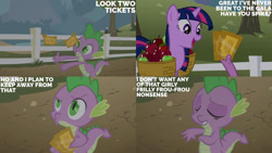 Size: 1280x720 | Tagged: safe, edit, edited screencap, editor:quoterific, imported from derpibooru, screencap, spike, twilight sparkle, dragon, pony, unicorn, season 1, the ticket master, duo, eyes closed, female, grin, male, mare, open mouth, open smile, smiling, text, unicorn twilight