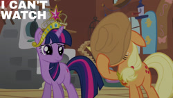 Size: 1280x720 | Tagged: safe, edit, edited screencap, editor:quoterific, imported from derpibooru, screencap, applejack, twilight sparkle, earth pony, pony, unicorn, keep calm and flutter on, season 3, applejack's hat, big crown thingy, cowboy hat, duo, element of honesty, element of magic, eyes closed, female, floppy ears, fluttershy's cottage, hat, jewelry, mare, regalia, text, unicorn twilight