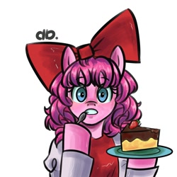Size: 2000x2000 | Tagged: safe, artist:dubudrops, imported from derpibooru, pinkie pie, earth pony, cake, curly hair, cute, eating, food, simple background, solo, spoon, staring at you, white background