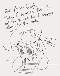 Size: 536x674 | Tagged: safe, artist:dotkwa, imported from derpibooru, oc, oc only, oc:deary dots, earth pony, pony, dear princess celestia, female, gray background, grayscale, mare, monochrome, mouth hold, pencil drawing, simple background, sketch, solo