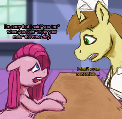 Size: 2098x2048 | Tagged: safe, artist:phutashi, imported from derpibooru, donut joe, pinkie pie, earth pony, pony, unicorn, atg 2022, dialogue, duo, female, floppy ears, male, mare, newbie artist training grounds, pinkamena diane pie, stallion