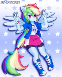 Size: 1280x1600 | Tagged: safe, artist:franticfoe, imported from derpibooru, rainbow dash, human, equestria girls, eyebrows, eyebrows visible through hair, female, peace sign, ponied up, signature, smiling, solo, spread wings, wings