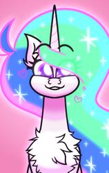 Size: 3420x5400 | Tagged: safe, artist:iceflower99, imported from derpibooru, princess celestia, chest fluff, ear fluff, eye clipping through hair, happy, heart, missing accessory, purple eyes, simple background, smiling, video at source, video in description