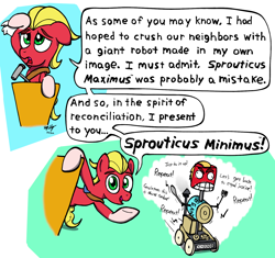 Size: 1650x1550 | Tagged: safe, artist:ebbysharp, imported from derpibooru, sprout cloverleaf, earth pony, pony, robot, atg 2022, can, coat markings, command and conquer, dialogue, fork, g5, male, microphone, newbie artist training grounds, open mouth, open smile, smiling, socks (coat markings), speech bubble, spoon, sprouticus maximus, sprouticus minimus, stallion, trademark